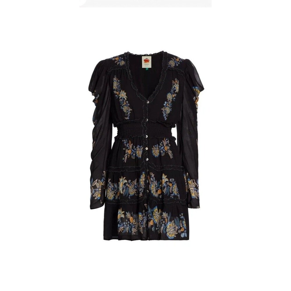 Farm Rio Black Stitched Garden Button Front Long Sleeve Dress Size Small New